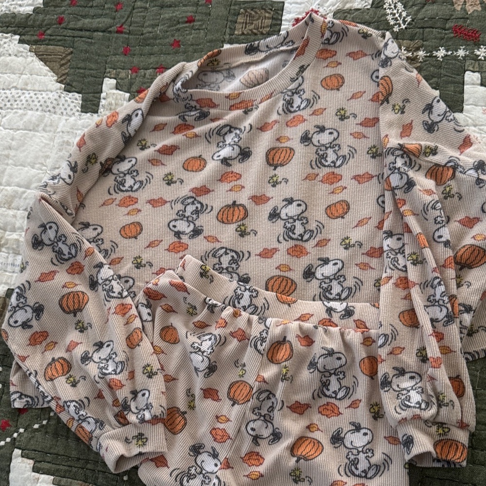 American Eagle Cream Snoopy Pumpkin Print Pajama Set